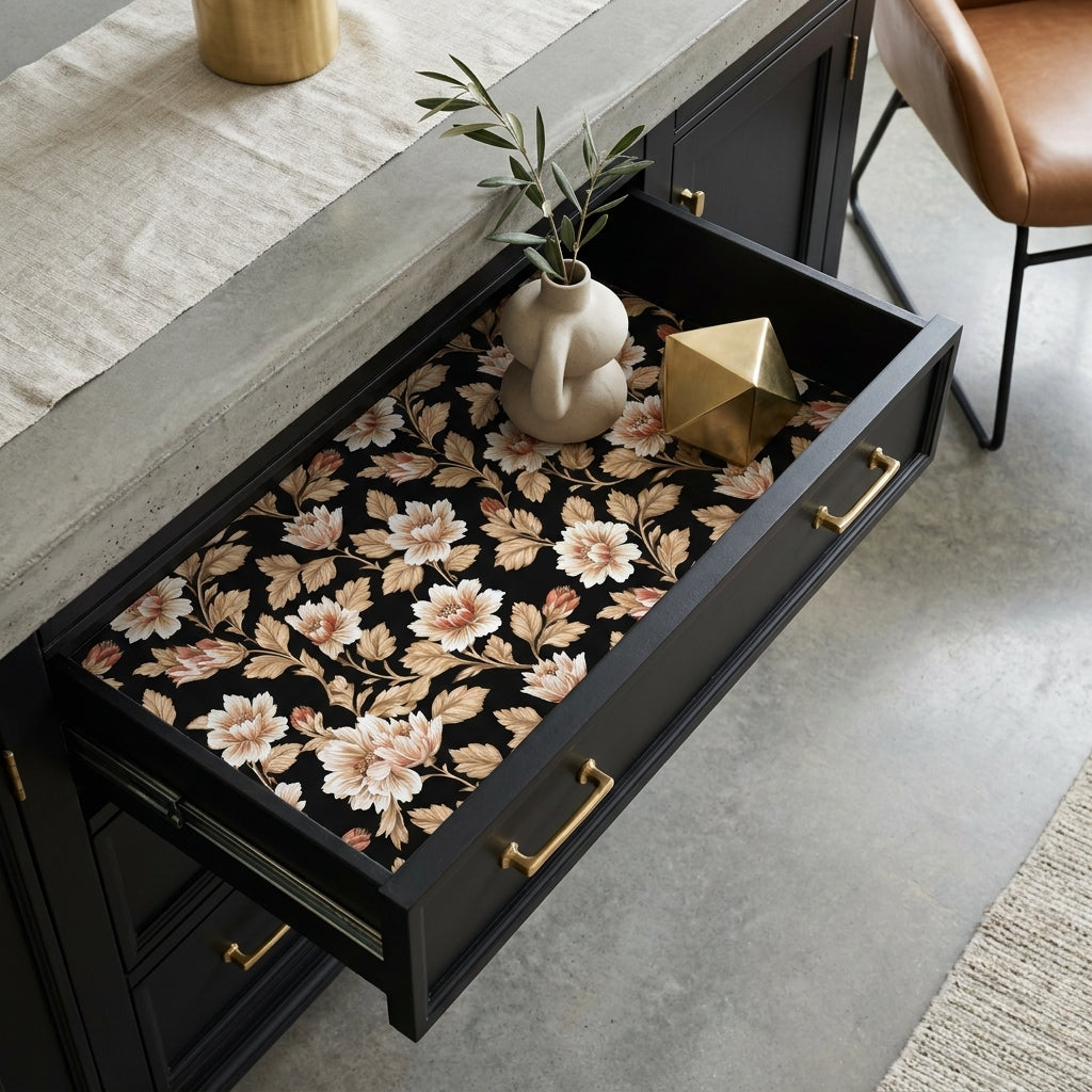 Black vintage floral wrapping paper used as a luxury drawer liner by Wrapped Studios.
