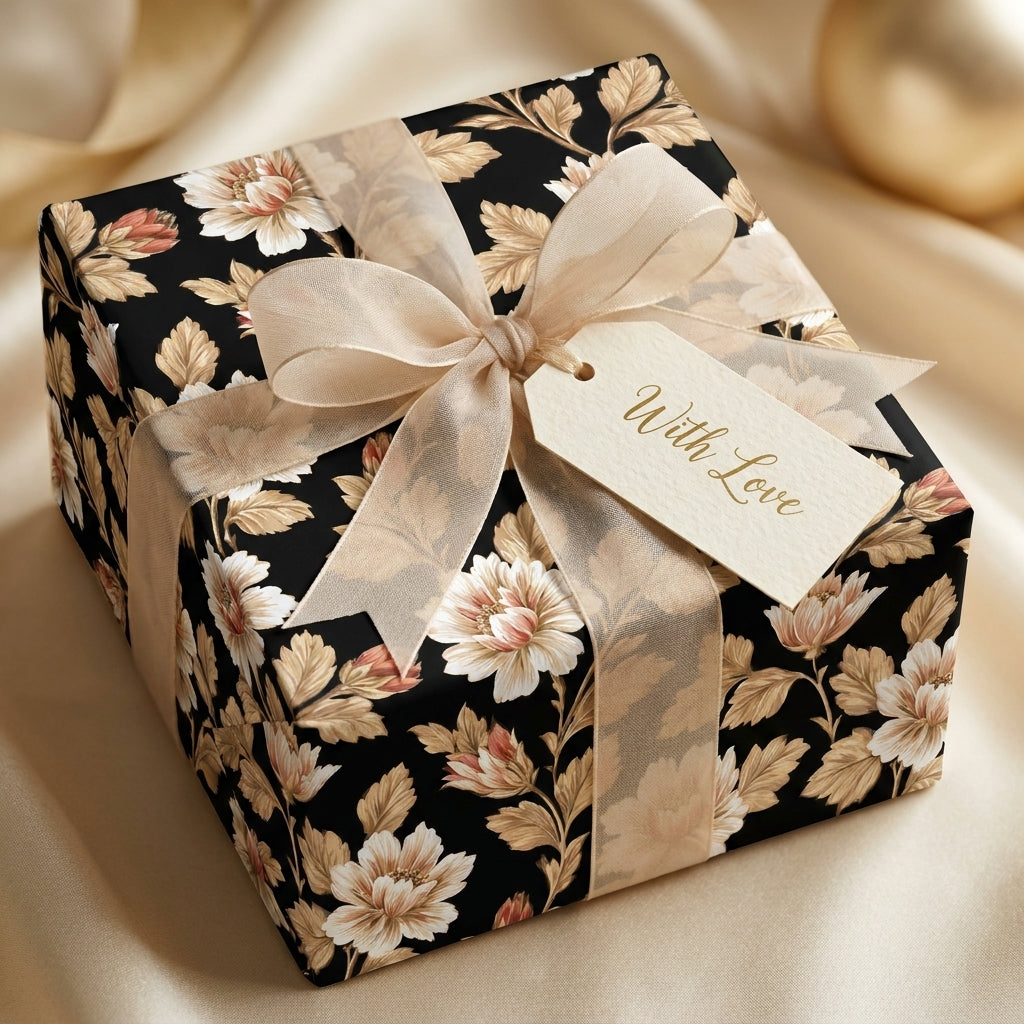 Luxury black floral wrapping paper with a champagne ribbon and "With Love" tag by Wrapped Studios.