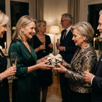 Exchanging a luxury black and gold floral wrapping paper gift with a satin bow at a party. Wrapped Studios.