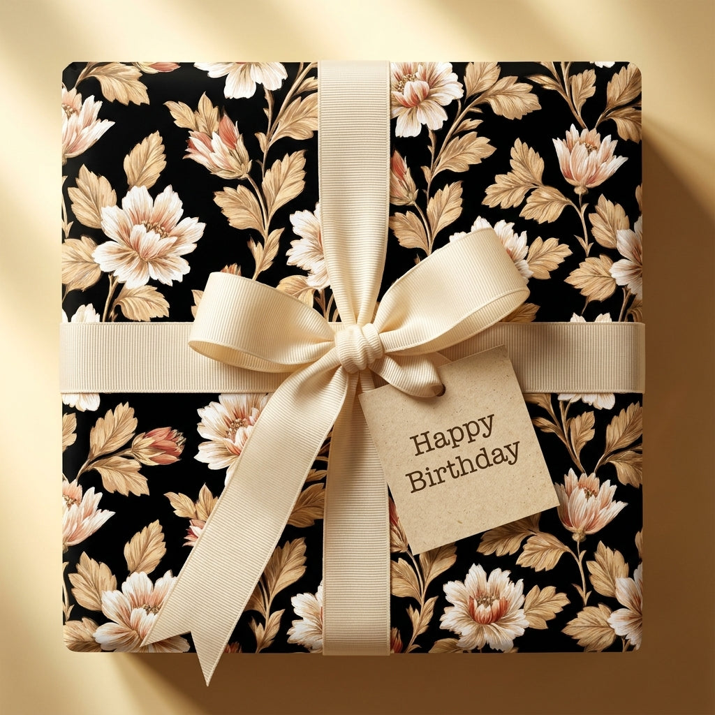 Elegant black and cream floral wrapping paper with a Happy Birthday tag, by Wrapped Studios.