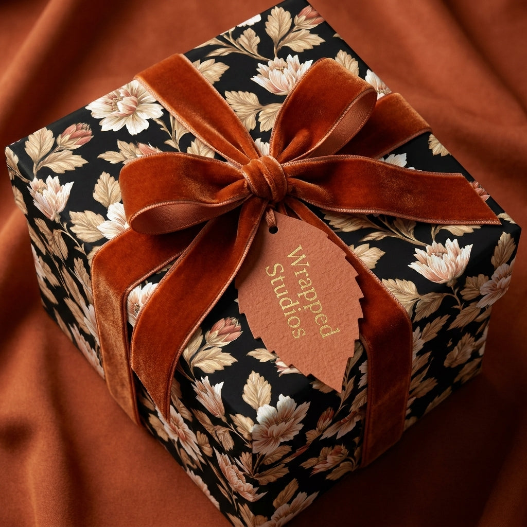 Vintage floral wrapping paper with a burnt orange velvet ribbon on a luxury gift box by Wrapped Studios.