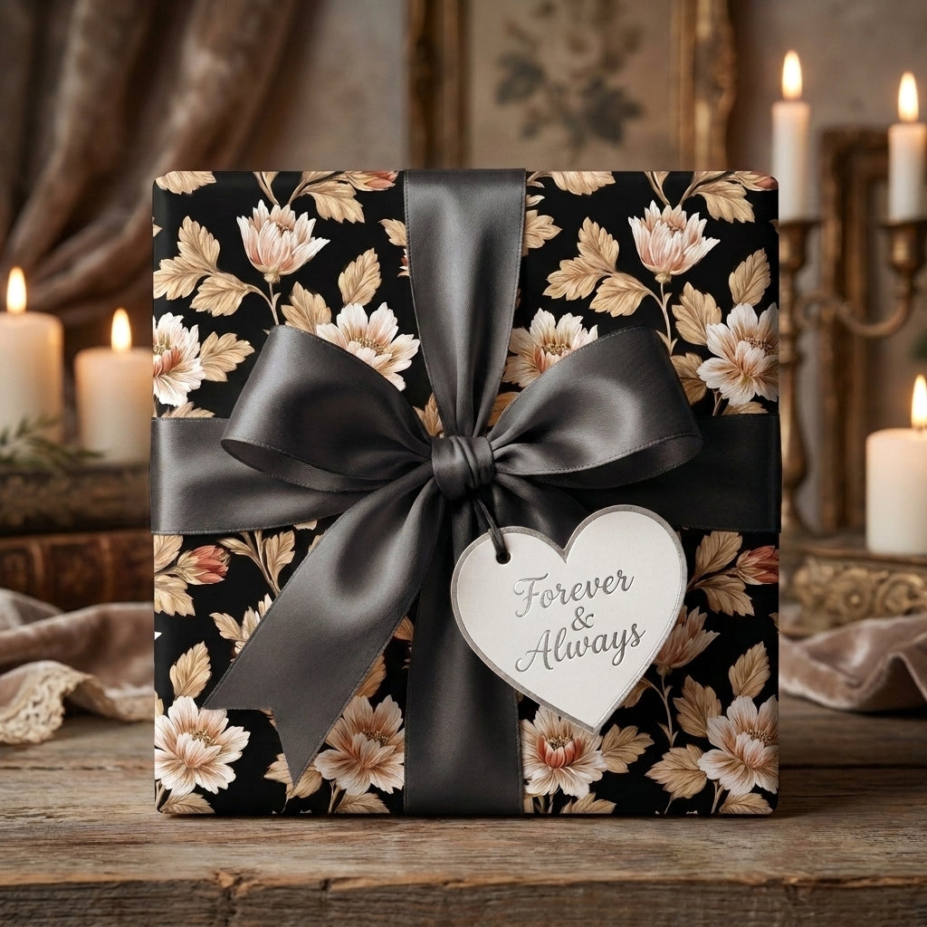 Luxury vintage floral wrapping paper with a charcoal satin bow and wedding gift tag by Wrapped Studios.