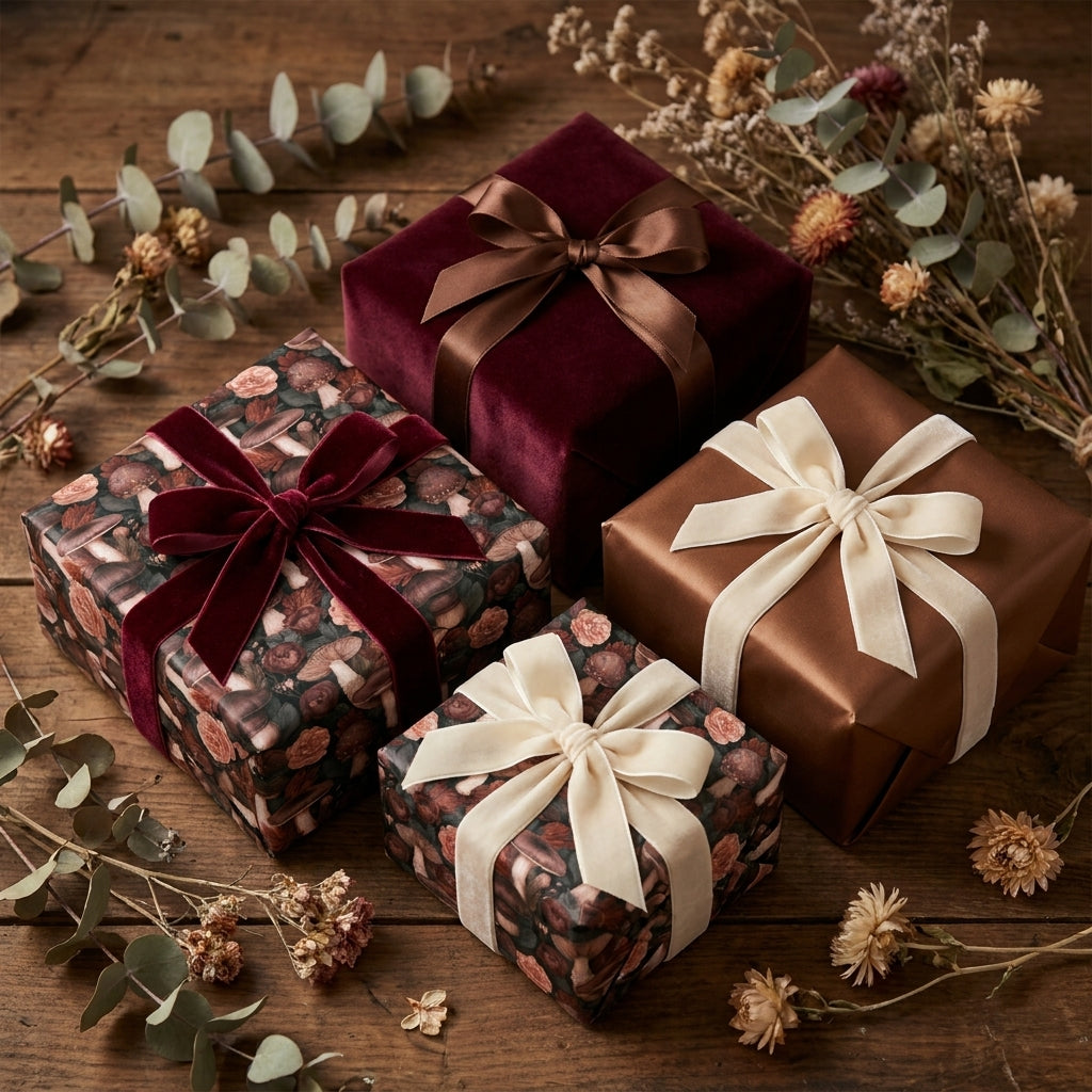 Woodland mushroom wrapping paper and luxury gift wrap with velvet bows on rustic wood by Wrapped Studios.