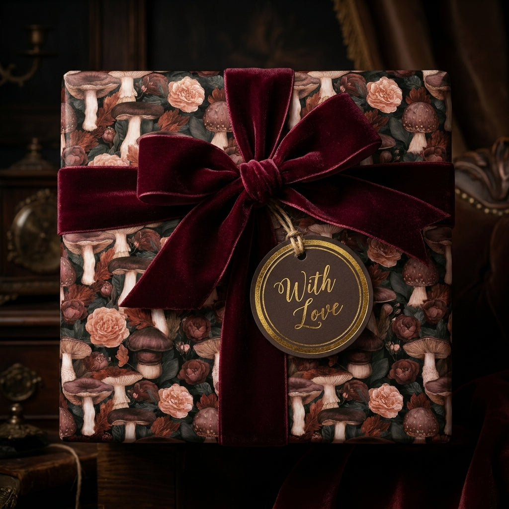 Vintage mushroom wrapping paper with a luxury burgundy velvet bow and gift tag by Wrapped Studios.