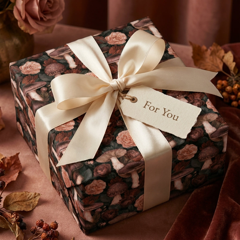 Cottagecore mushroom and floral wrapping paper with a cream satin bow by Wrapped Studios.
