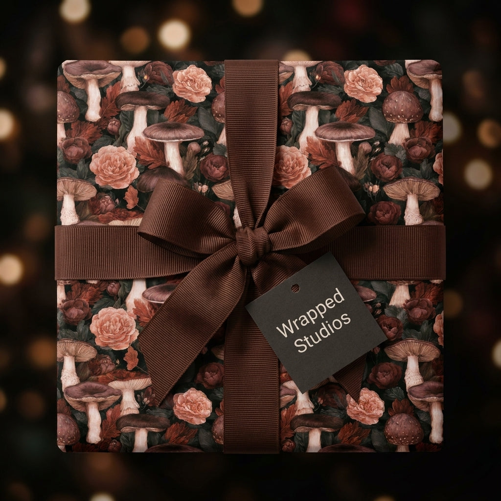 Cottagecore mushroom floral wrapping paper with brown ribbon on a gift box, by Wrapped Studios.