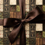 Vintage gothic wrapping paper with a brown satin bow. Luxury medieval gift wrap by Wrapped Studios.