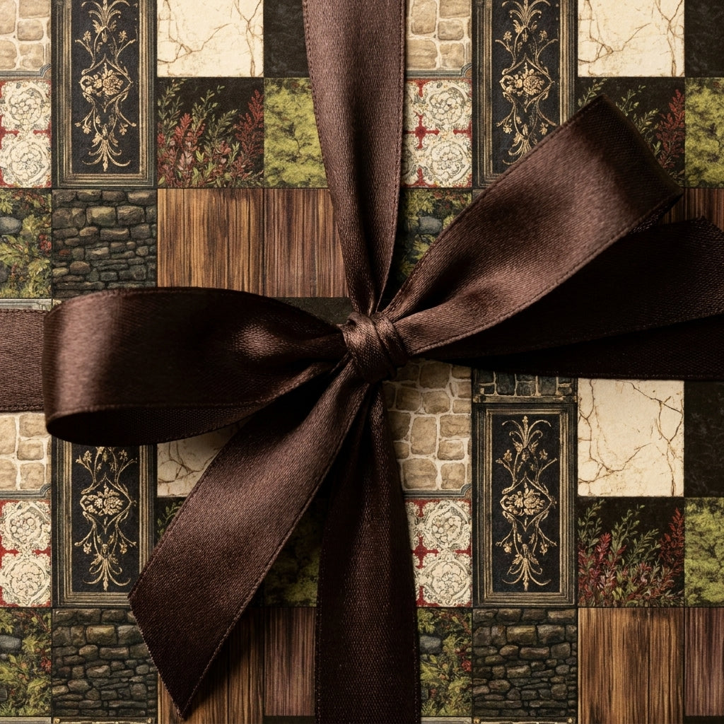 Vintage gothic wrapping paper with a brown satin bow. Luxury medieval gift wrap by Wrapped Studios.