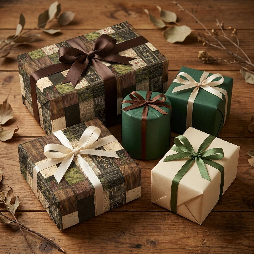 Rustic patchwork wrapping paper and forest green gift wrap with elegant bows by Wrapped Studios.