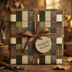 Vintage patchwork wrapping paper in earthy tones with a brown ribbon and gift tag by Wrapped Studios.