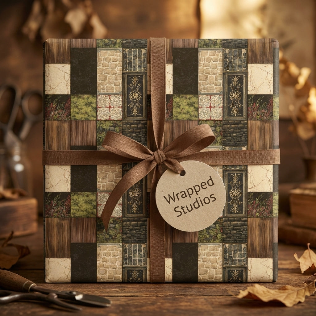 Vintage patchwork wrapping paper in earthy tones with a brown ribbon and gift tag by Wrapped Studios.