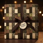 Rustic fantasy wrapping paper in a medieval stone pattern with a brown bow by Wrapped Studios.