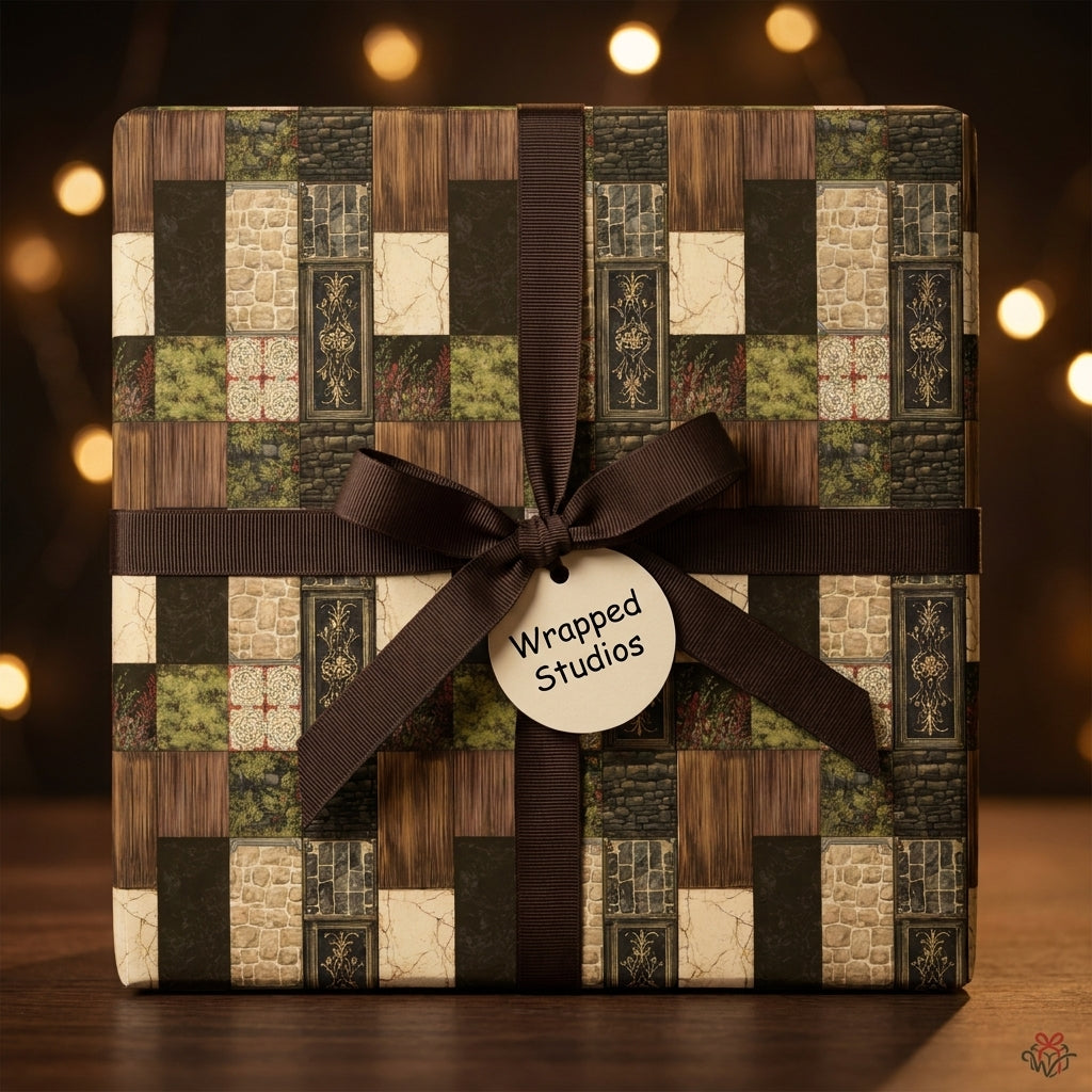 Rustic fantasy wrapping paper in a medieval stone pattern with a brown bow by Wrapped Studios.