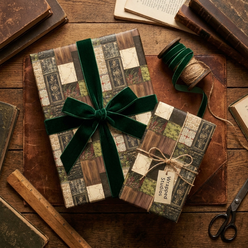 Rustic vintage gift wrap with green velvet ribbon on a wooden desk, by Wrapped Studios.