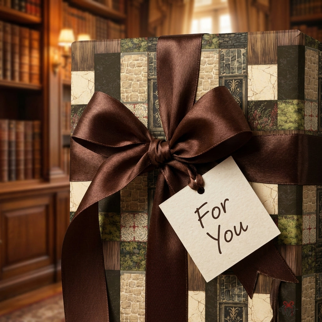 Vintage patchwork wrapping paper with a brown satin bow in a library by Wrapped Studios.