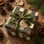 Vintage rustic wrapping paper with green velvet ribbon on a holiday gift box by Wrapped Studios.
