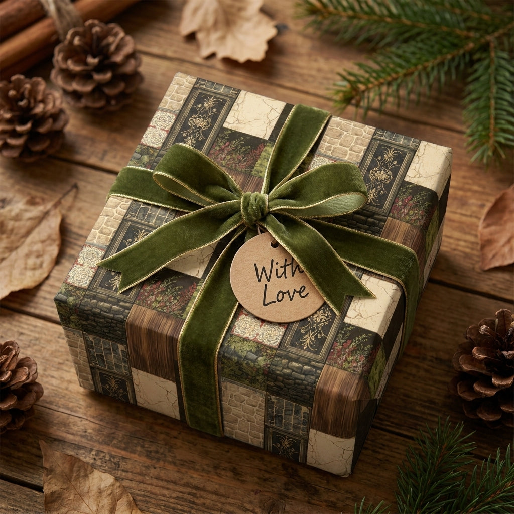 Vintage rustic wrapping paper with green velvet ribbon on a holiday gift box by Wrapped Studios.