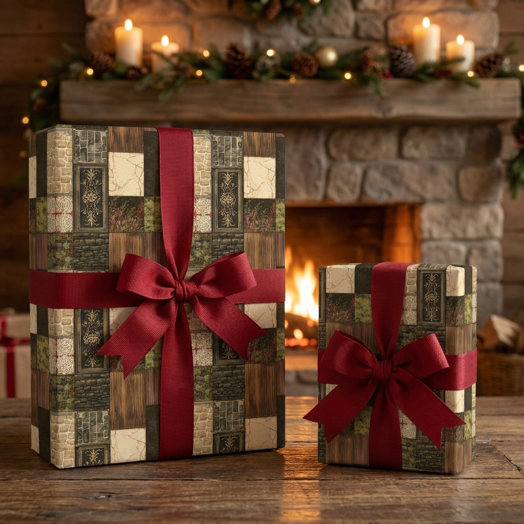 Rustic Christmas wrapping paper in a vintage stone and wood pattern with red ribbons. Wrapped Studios.
