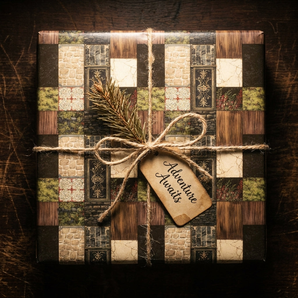 Medieval fantasy wrapping paper with a rustic twine bow and 'Adventure Awaits' tag by Wrapped Studios.
