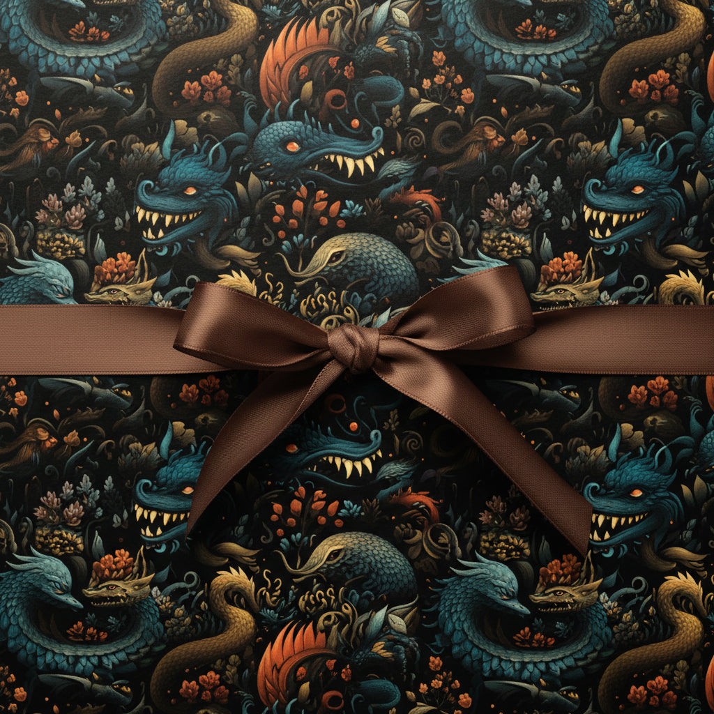 Dark fantasy wrapping paper with dragon and pangolin design, finished with a brown ribbon bow.