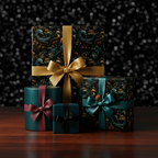 Elegant gifts wrapped in dragon print wrapping paper with gold, teal, and burgundy ribbons.