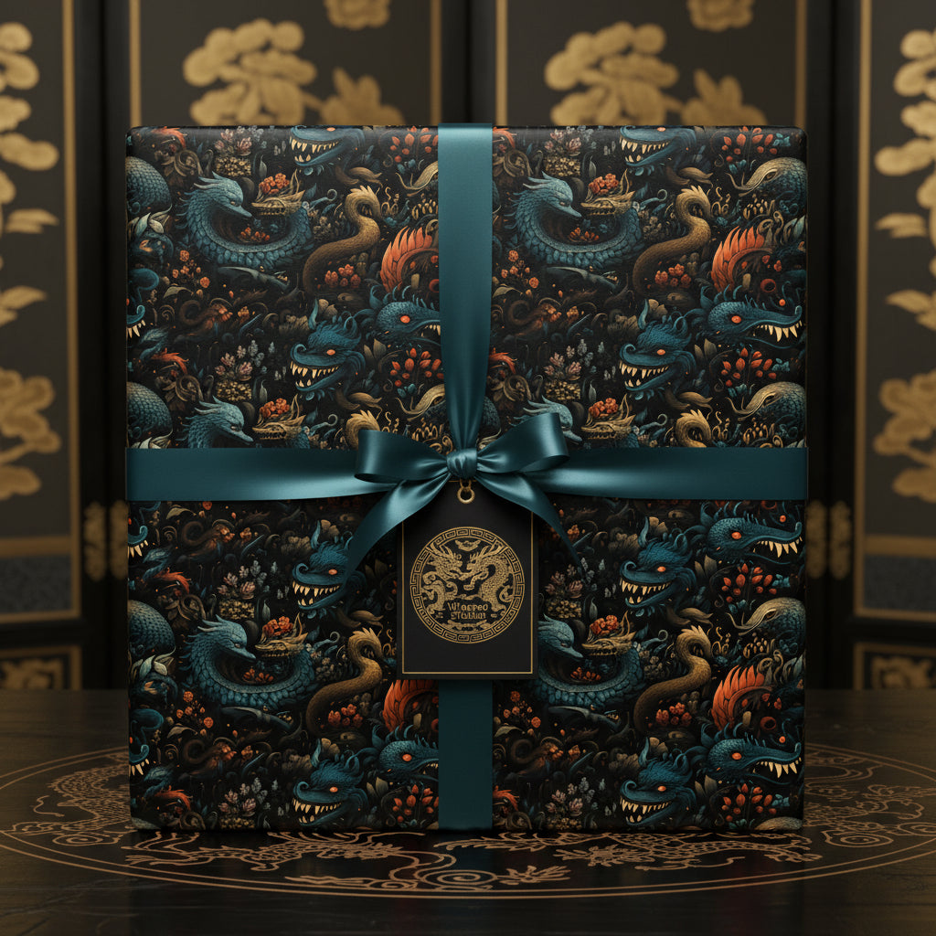 Elegant gift wrapped in luxury dragon wrapping paper, accented with a satin teal ribbon and ornate gift tag.