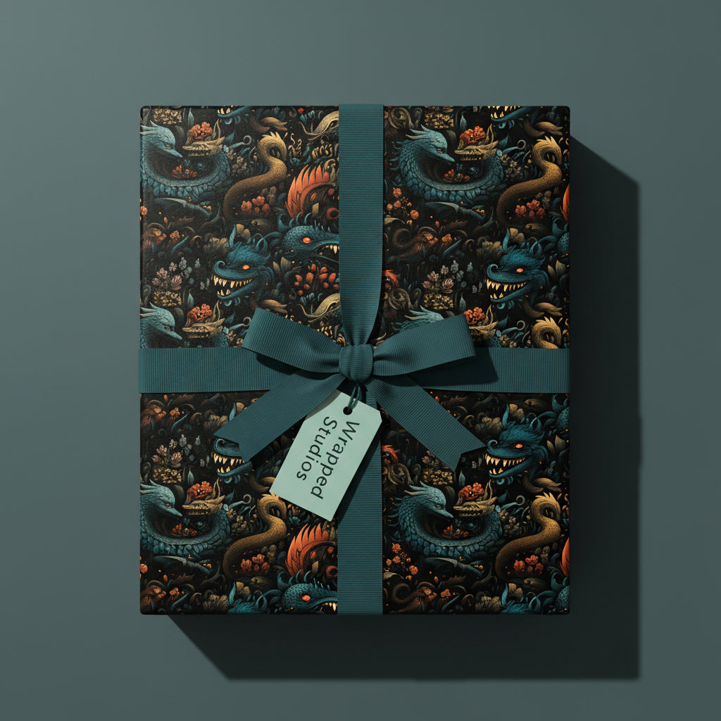 Dragon-themed gift box with artistic patterned wrapping paper and teal ribbon.