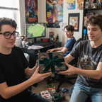 Teenager gifting a present wrapped in modern patterned paper with a dark green velvet bow.