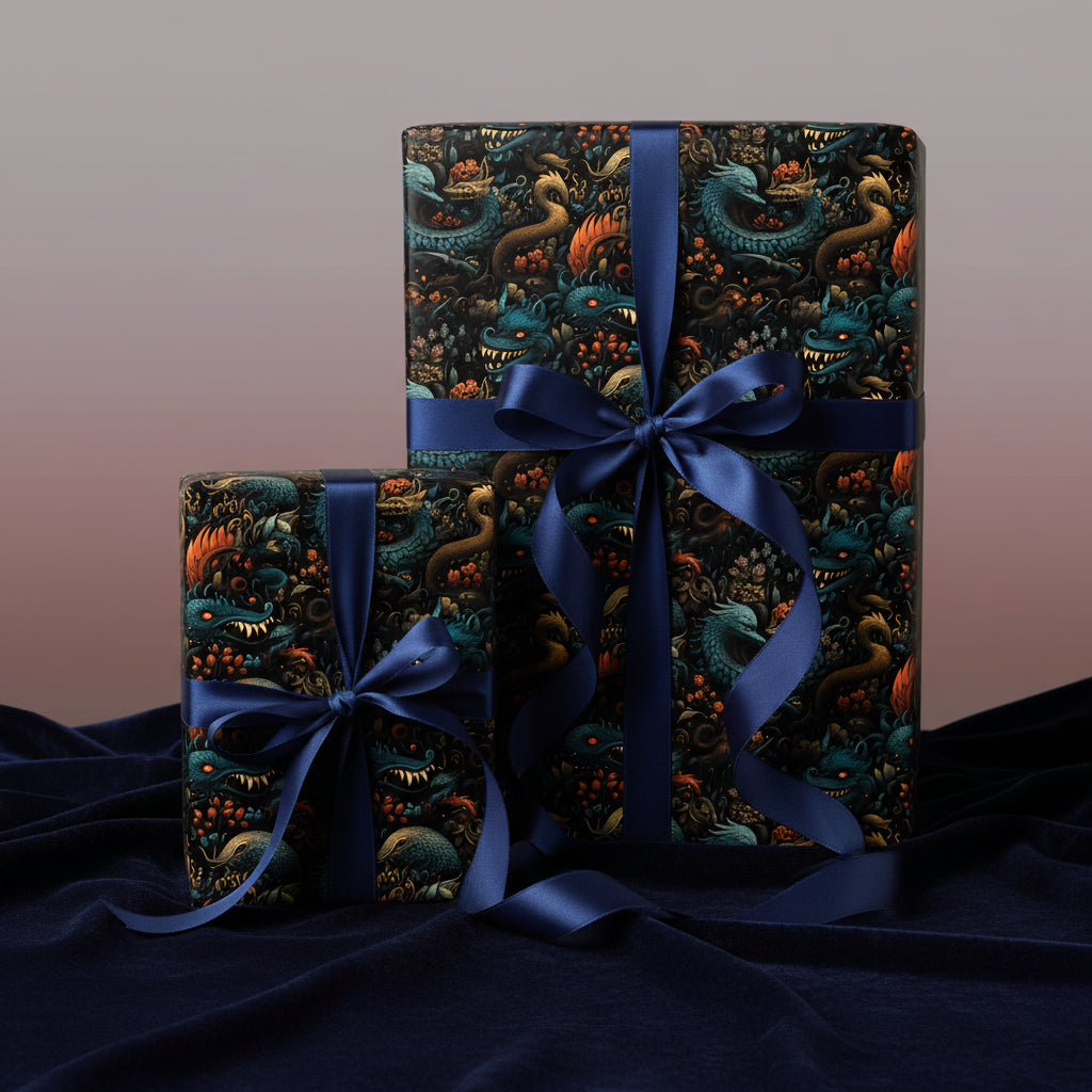 Two gifts wrapped in dragon print wrapping paper with navy ribbon.