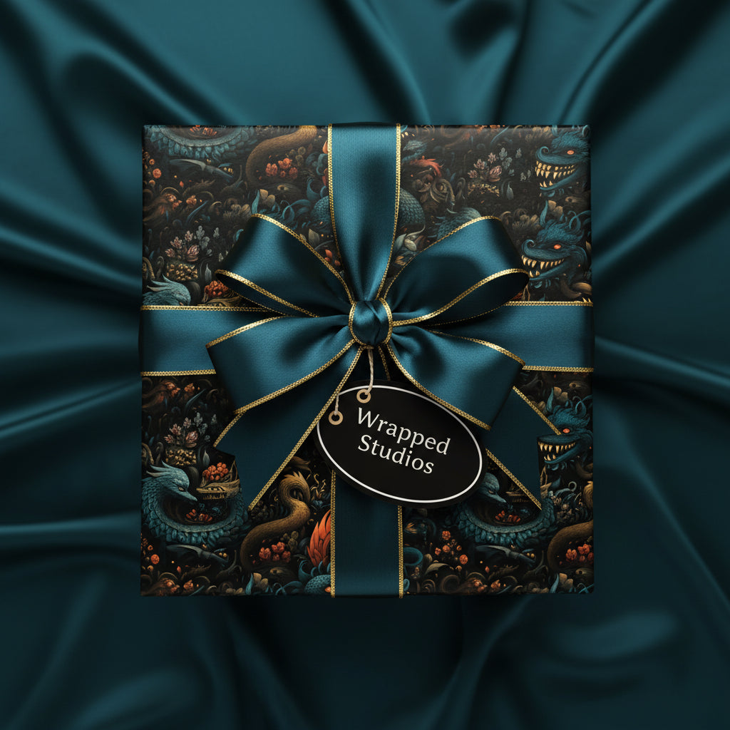 Elegant gift with dragon wrapping paper and teal satin ribbon on a teal silk background.