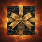 Elegant gift wrapped in dark dragon print paper with a gold ribbon and bow for special occasions.