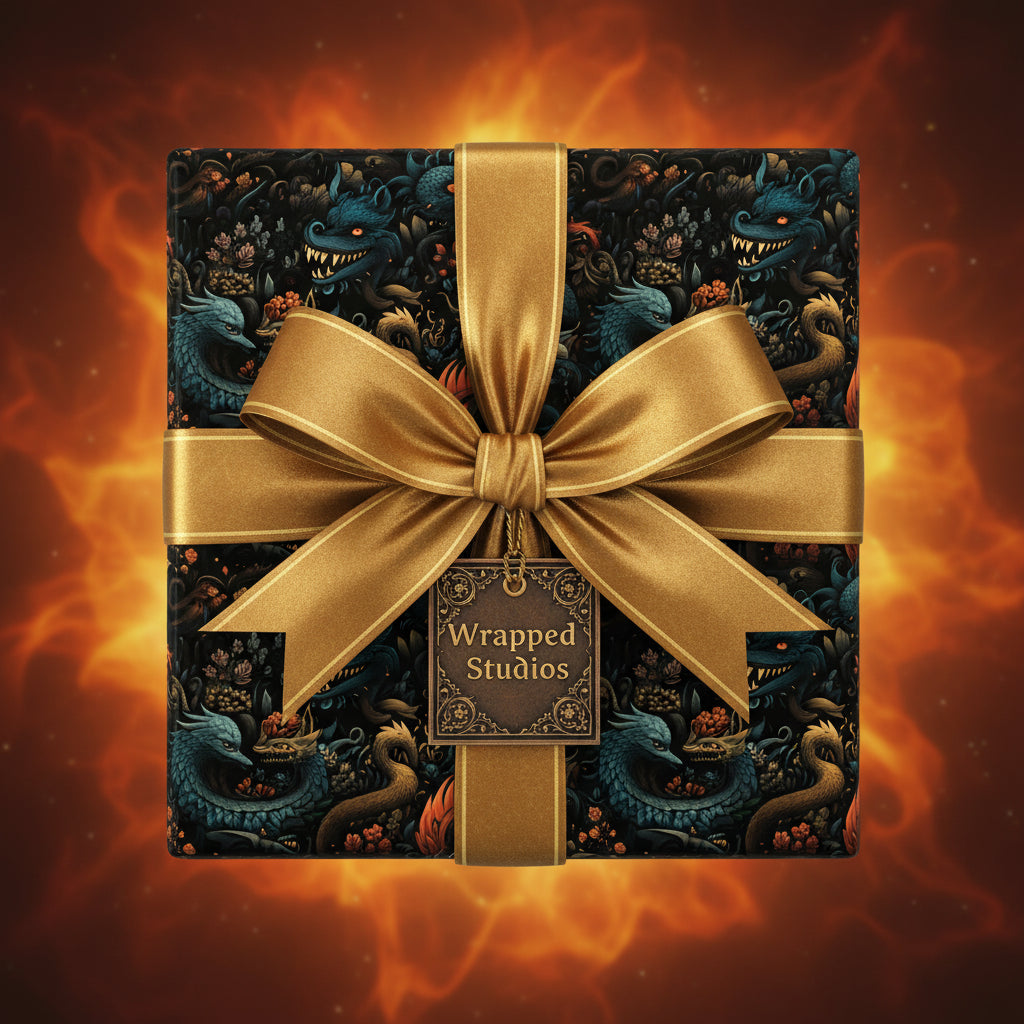Elegant gift wrapped in dark dragon print paper with a gold ribbon and bow for special occasions.