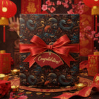 Luxury gift wrapped in dragon print paper with a red ribbon and "Congratulations!" tag, celebrating Chinese New Year.