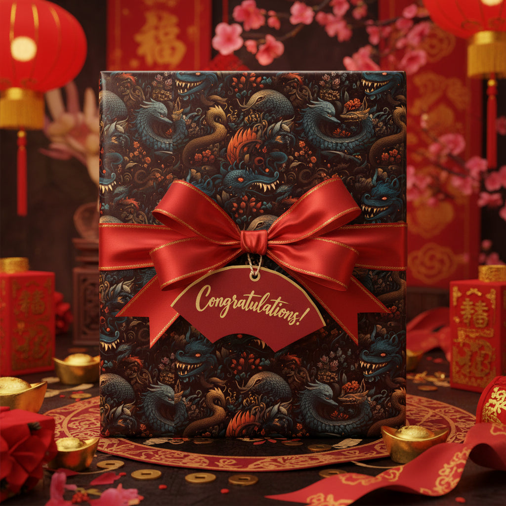 Luxury gift wrapped in dragon print paper with a red ribbon and "Congratulations!" tag, celebrating Chinese New Year.