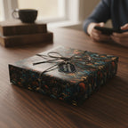 Square gift wrapped in dark floral wrapping paper with twine bow on wood table.