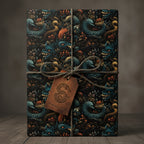 Whimsical dragon gift wrap with teal, orange, and gold mythical creatures on dark paper, tied with rustic twine and leather tag.