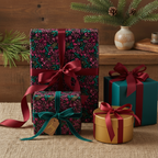 Festive floral wrapping paper with burgundy and teal ribbons, perfect for Christmas gifts or birthday presents.