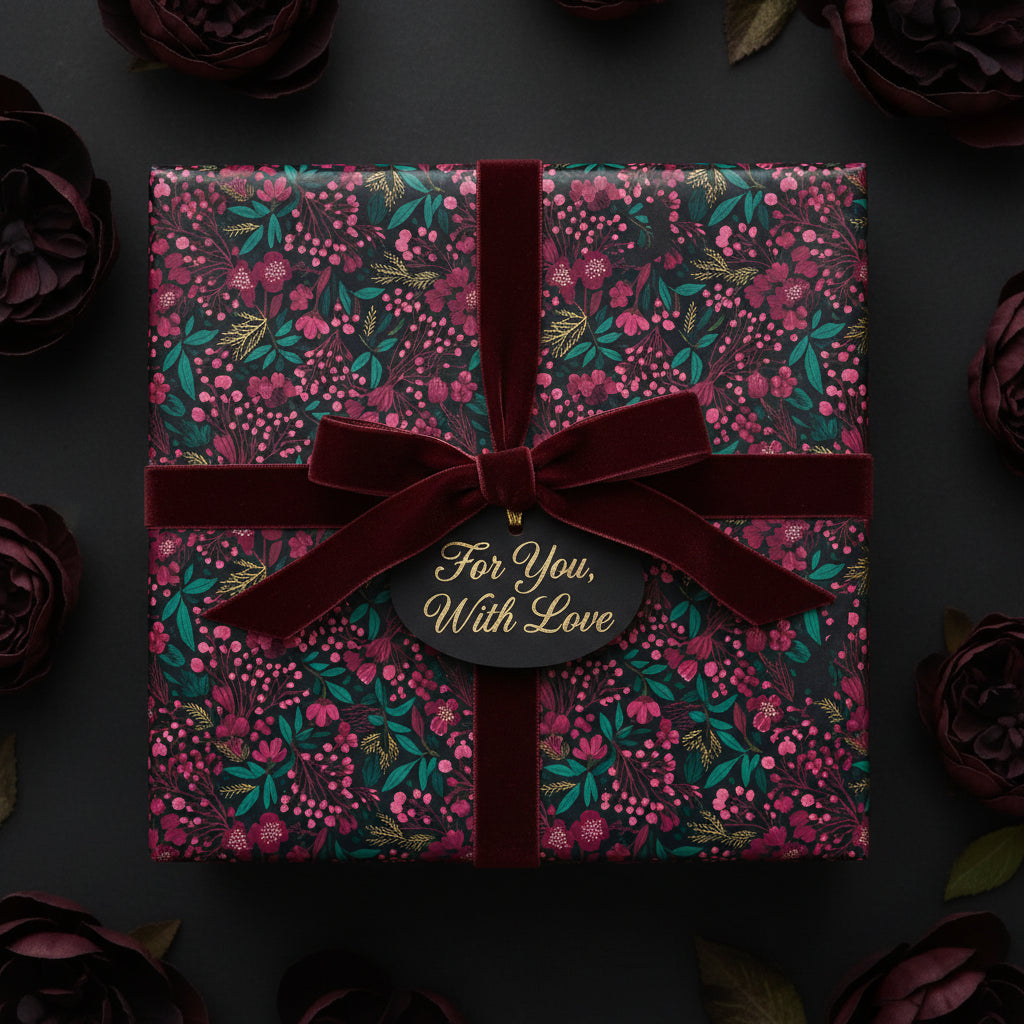 Elegant floral wrapping paper in deep burgundy and green, tied with a velvet ribbon and "For You, With Love" tag.