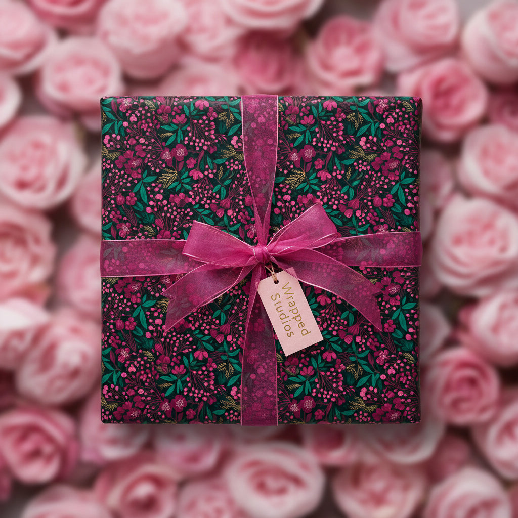 Elegant floral wrapping paper with a magenta ribbon on a square gift box, perfect for birthday or special occasion gifts.