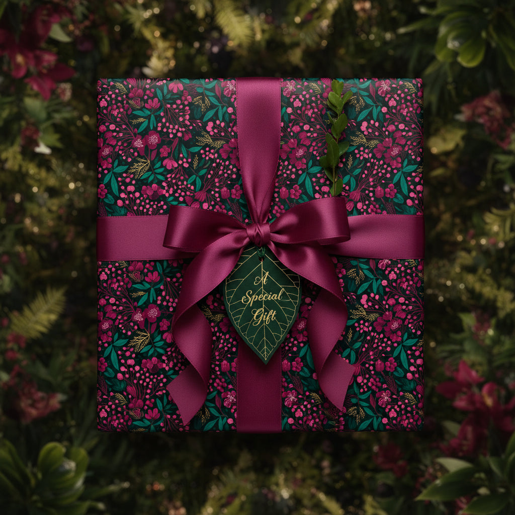 Elegant square gift wrapped in floral wrapping paper with burgundy ribbon and "A Special Gift" tag.