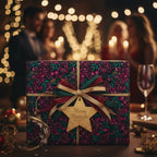 Elegant Christmas gift wrap with floral pattern, burgundy and gold ribbon, and "Merry Moments" star ornament.