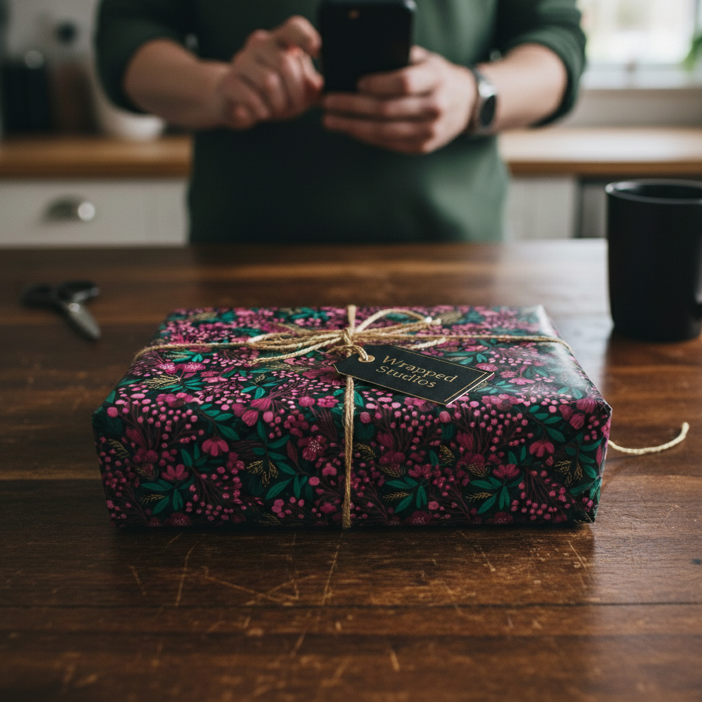 Gift wrapped in floral wrapping paper with twine bow and "Wrapped Studios" tag on wooden table.
