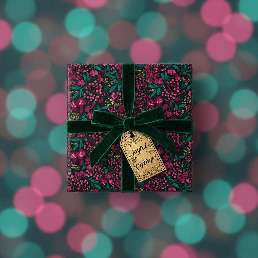 Dark floral wrapping paper with a green velvet ribbon and "Joyful Gifting" tag, perfect for elegant Christmas gift wrap.
