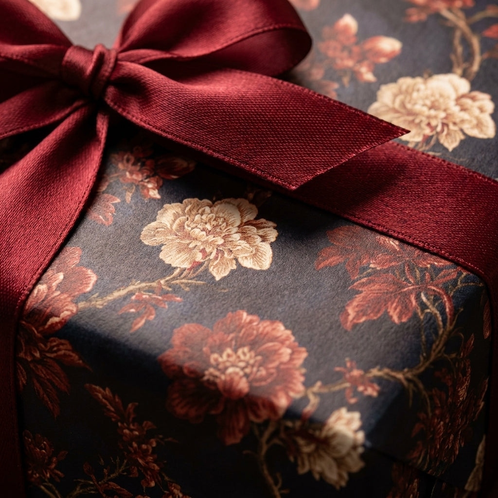 Luxury vintage floral wrapping paper in dark navy with a burgundy satin bow by Wrapped Studios.