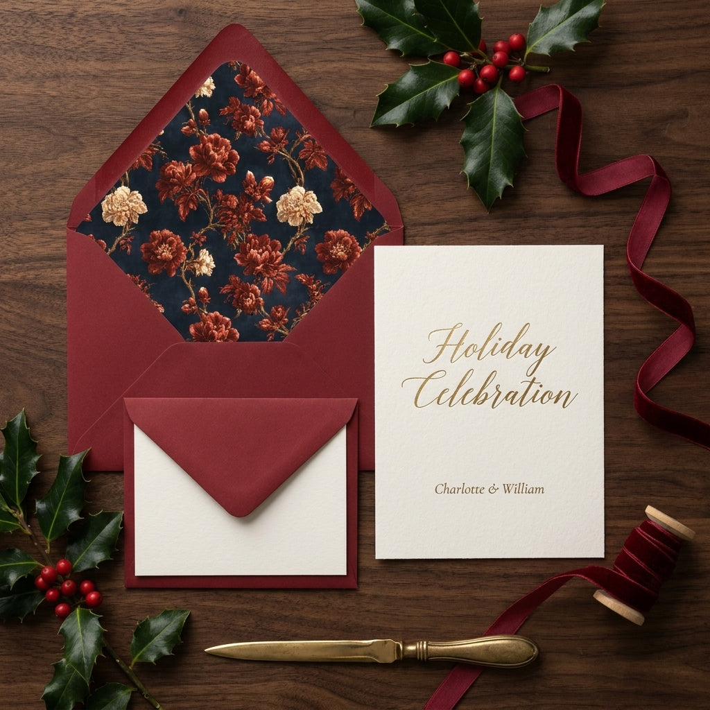 Elegant holiday invitation with floral burgundy envelope and festive holly on wood by Wrapped Studios.