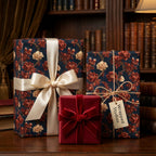 Luxury vintage floral wrapping paper in navy and red on gift boxes with ribbons by Wrapped Studios.