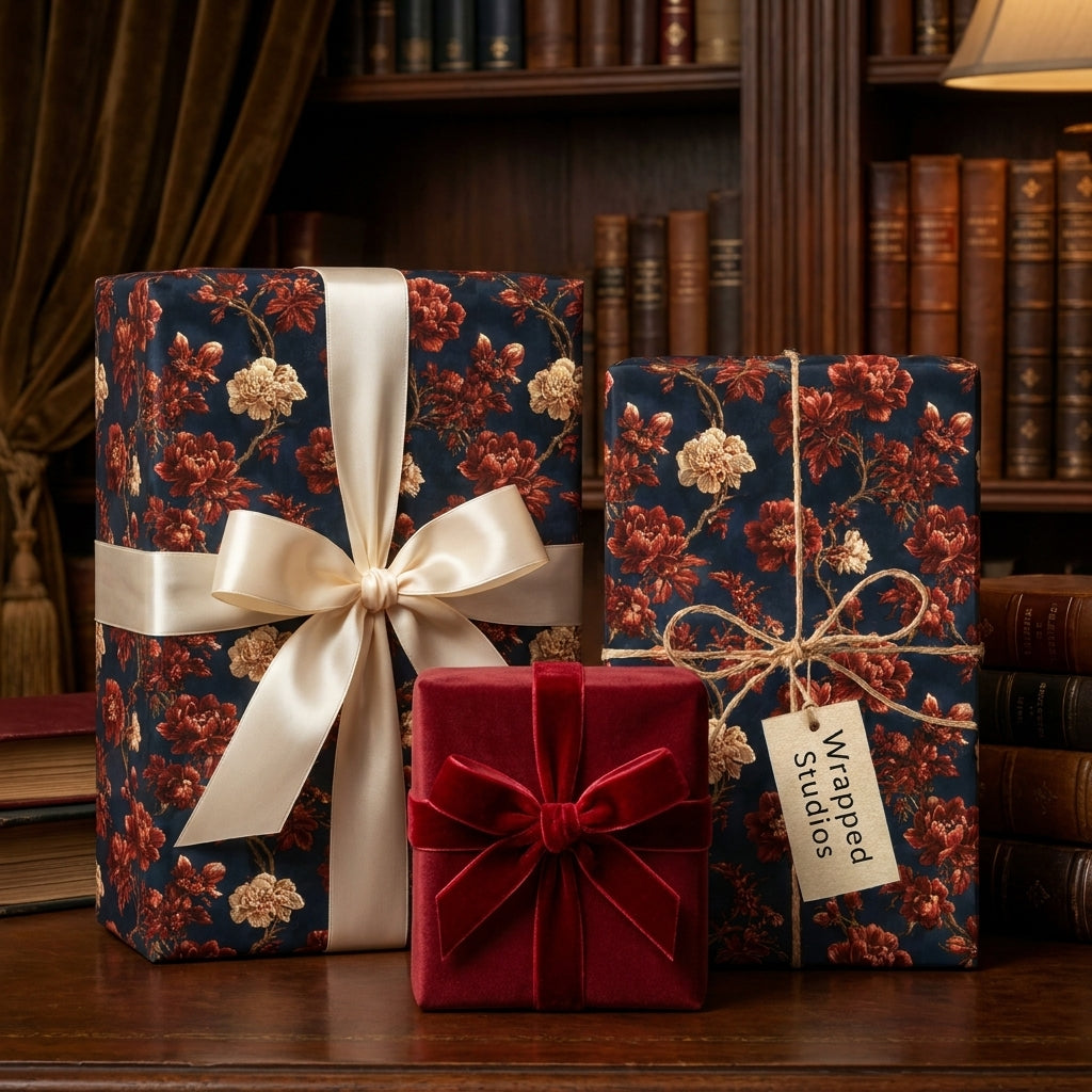 Luxury vintage floral wrapping paper in navy and red on gift boxes with ribbons by Wrapped Studios.