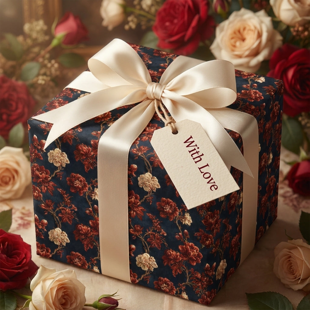 Vintage navy and red floral wrapping paper with a cream satin bow on a gift box by Wrapped Studios.