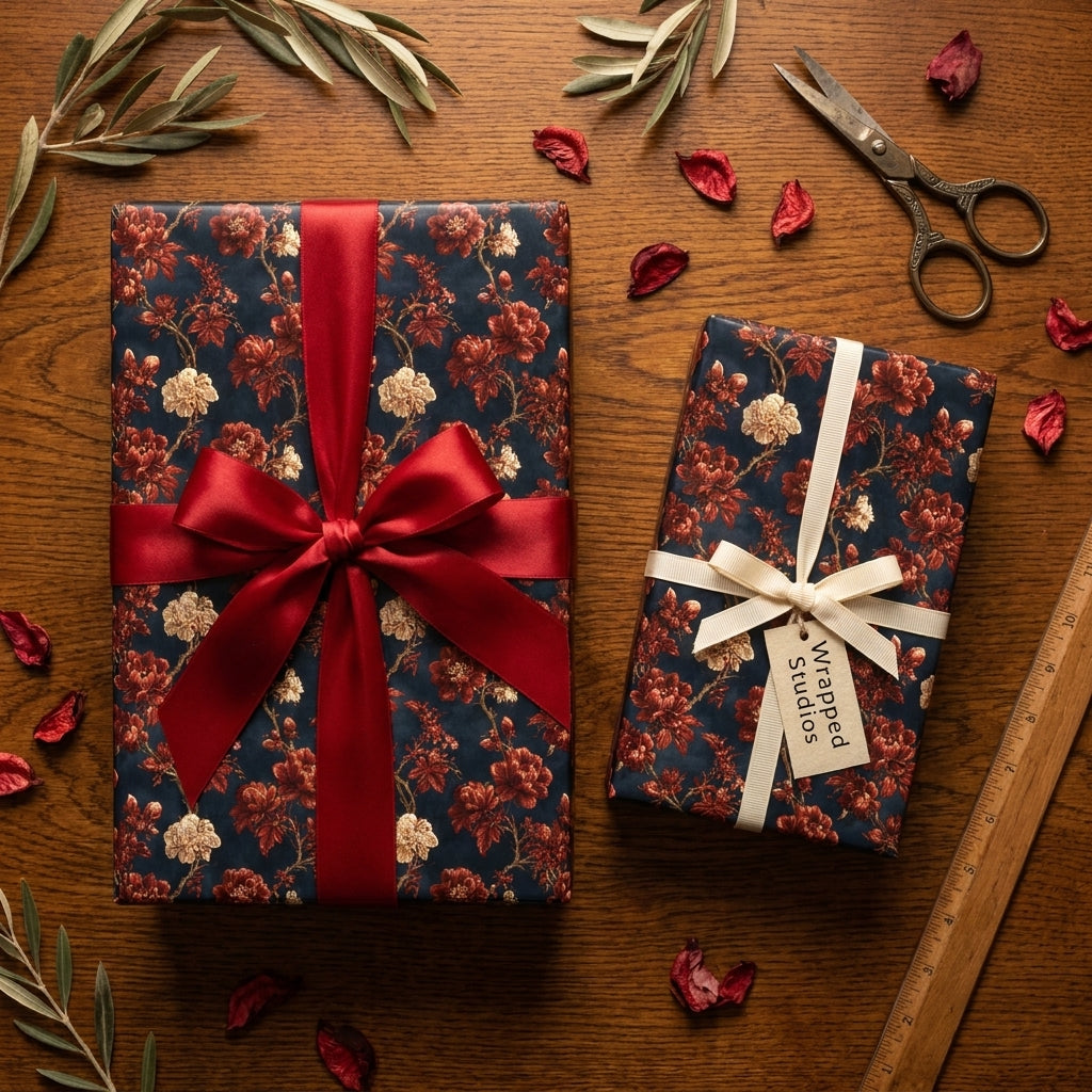 Elegant navy and red floral wrapping paper on gift boxes with ribbons by Wrapped Studios.