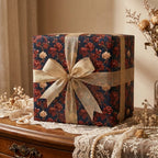 Luxury vintage floral wrapping paper in navy and red with a gold ribbon by Wrapped Studios.